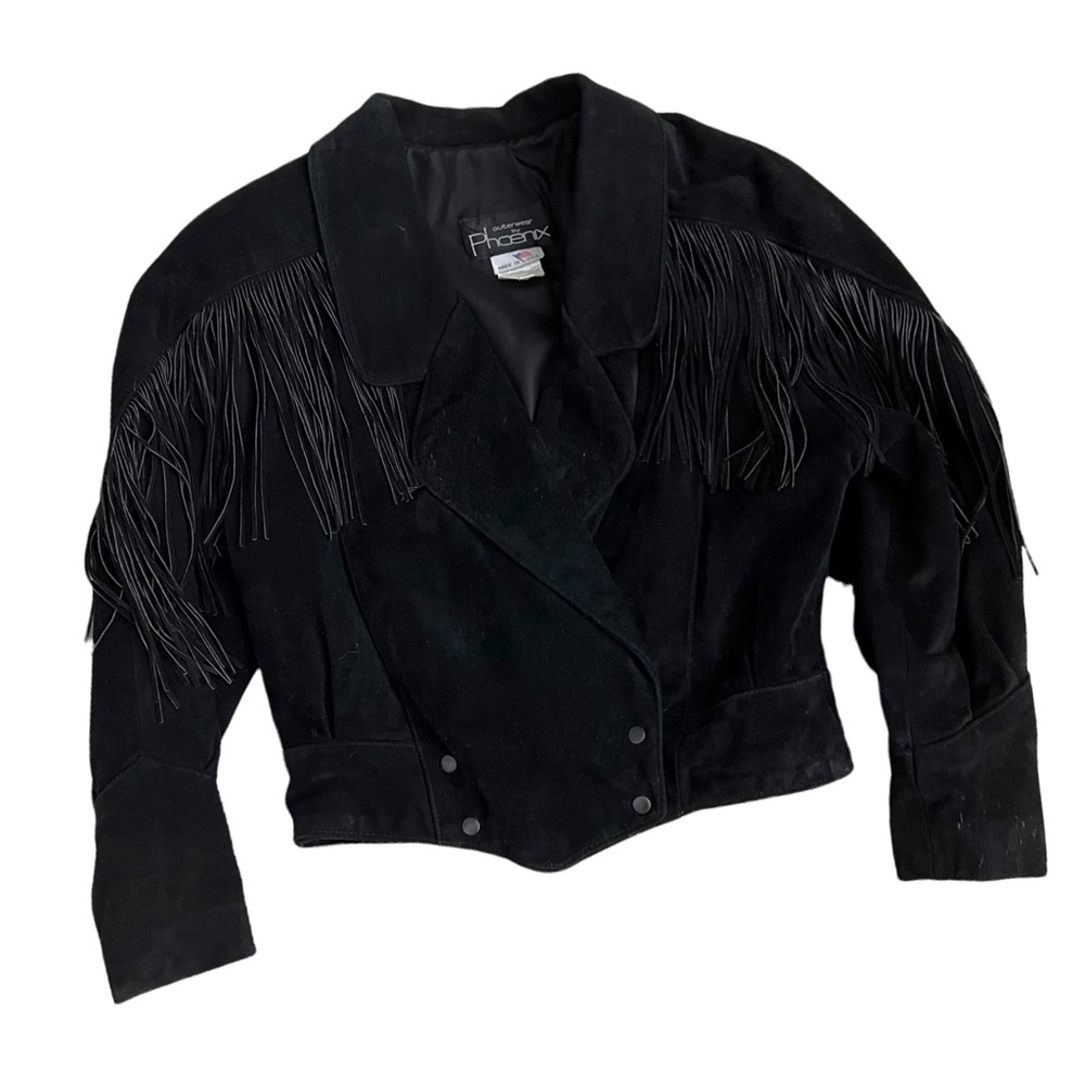 Vintage 80s Black Suede Crop Fringe Western Jacket by Outerwear by Phoenix